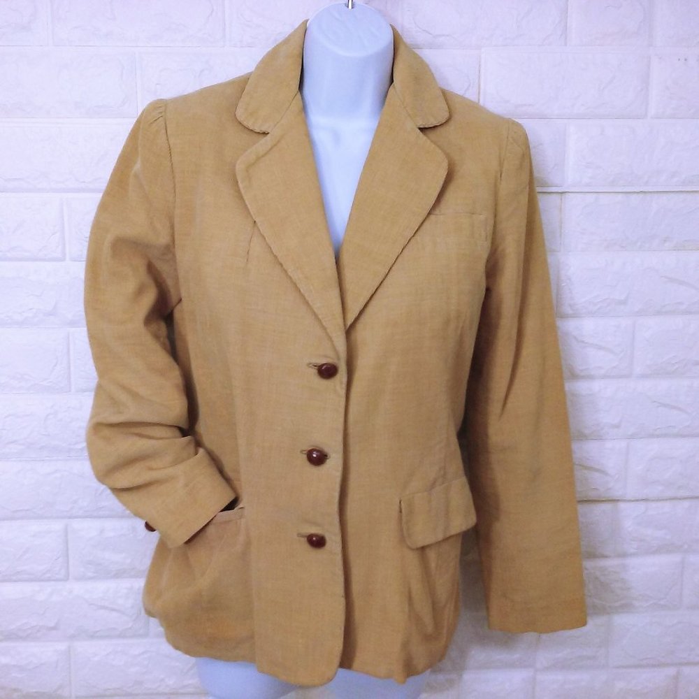 Vintage 70s Corduroy Blazer 3-Button Jacket S(6/8) Pockets Urban Preppy Tan